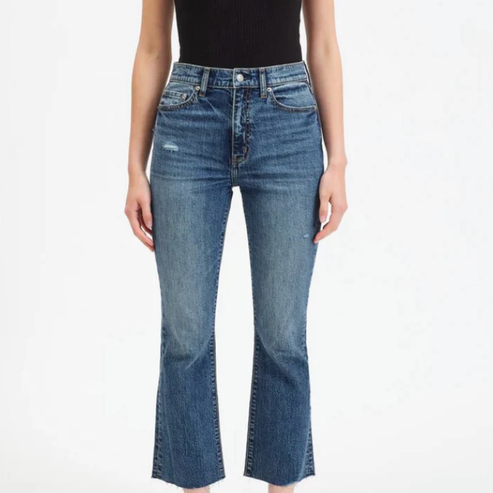 Blue Flare Wide Leg Jeans with Raw Hem